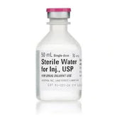 Clear glass vial labeled "Sterile Water for Injection, USP 50 mL (1 bottle)," with a pink cap, from Henry Schein, intended as a drug diluent.