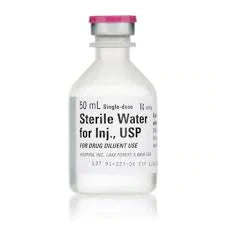 Clear glass vial labeled "Sterile Water for Injection, USP 50 mL (1 bottle)," with a pink cap, from Henry Schein, intended as a drug diluent.