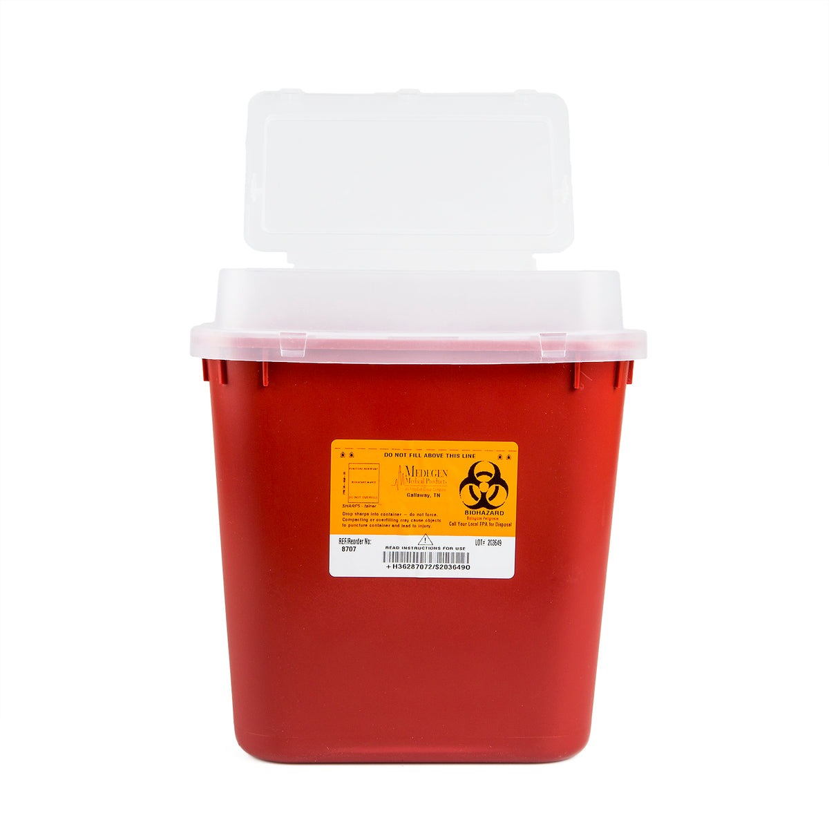 A MedPlus Sharps Container - 2 Gallon (8 Quarts) with a lid, compliant with FDA Quality System Regulations.