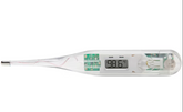 The MedPlus Adtemp 412 60 Second Digital Thermometer is a cost-effective device with a transparent casing and displays 98.6°F on its screen.