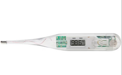 The MedPlus Adtemp 412 60 Second Digital Thermometer is a cost-effective device with a transparent casing and displays 98.6°F on its screen.