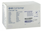 A white box labeled “BD 1cc (1ml) Luer-Lock Syringe NO NEEDLE (25 Pack)” by MedPlus contains sterile syringes for precise dosing; features a barcode and multilingual text. Price as of 6/24/25: $51.00 per box.