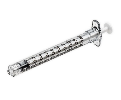 A close-up of a transparent MedPlus BD 1cc (1ml) Luer-Lock Syringe with black markings and plunger, shown on a white background. 25-pack, no needle; price $51.00 per box (as of 6/24/25).