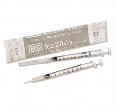 Three MedPlus BD 1cc Luer Slip Tip Syringes with PrecisionGlide 27G x ½" needles are shown—two unpackaged and one in original packaging. Sold in boxes of 25 for $21.50; price increases on 6/24/25.