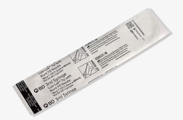 The MedPlus BD 3cc (3ml) Luer-Lok Syringe with 18G x 1.5" blunt fill needle comes in a sealed, single-use 50-pack box with labeling and instructions on each sterile syringe wrapper. Price as of 6/24/25: $21.84 per box.
