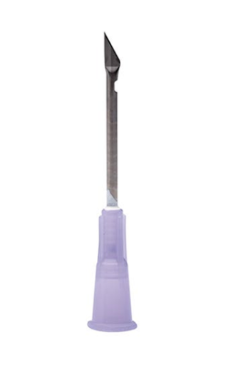 A close-up of the BD Nokor Admix Thin Wall Non-Coring Needle 18G x 1½" (50 pack) from MedPlus, with a purple plastic base and beveled metal tip, shown on a white background. Price increases to $28.71 per box on 6/24/25.