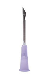 A close-up of the BD Nokor Admix Thin Wall Non-Coring Needle 18G x 1½" (50 pack) from MedPlus, with a purple plastic base and beveled metal tip, shown on a white background. Price increases to $28.71 per box on 6/24/25.