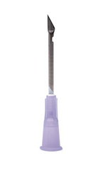 A close-up of the BD Nokor Admix Thin Wall Non-Coring Needle 18G x 1½" (50 pack) from MedPlus, with a purple plastic base and beveled metal tip, shown on a white background. Price increases to $28.71 per box on 6/24/25.