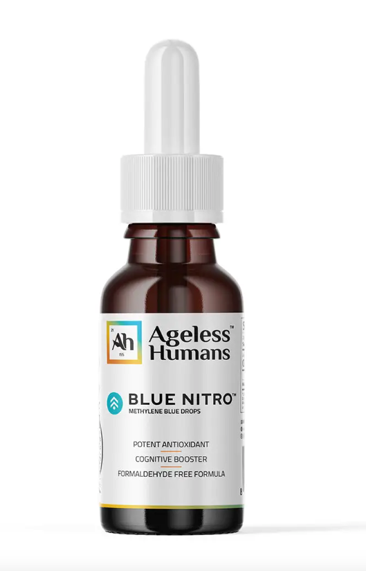 A brown glass dropper bottle labeled "Faire.com Blue Nitro®️ Methylene Blue 1% Drops (30mLs)", highlighting antioxidant and cognitive support plus healthy mitochondrial function benefits.