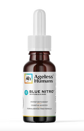 A brown glass dropper bottle labeled "Faire.com Blue Nitro®️ Methylene Blue 1% Drops (30mLs)", highlighting antioxidant and cognitive support plus healthy mitochondrial function benefits.