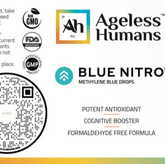 Product label for Faire.com Blue Nitro®️ Methylene Blue 1% Drops (30mL), featuring antioxidant, cognitive booster, supports mitochondrial function, formaldehyde-free; includes FDA, GMP, non-GMO icons and a QR code.