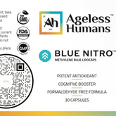 Label for Blue Nitro®️ Methylene Blue 1% Capsules by Faire.com. This cognitive booster and potent antioxidant supports ATP production and mitochondrial function. The formaldehyde-free formula with 30 capsules enhances oxygen consumption. Includes QR code.