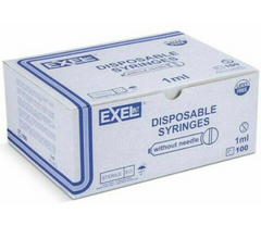 A box labeled “Exel 1mL Syringe and Needle Combination Slip Tip 25g x 1,” from MedPlus, contains 100 sterile syringes designed with low dead space for efficient medication delivery; priced at $16.21 per box as of 6/24/25.