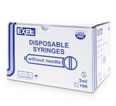 A white box labeled “Exel 3mL Slip Tip Syringe Only, 1 Box (100 Syringes)” features a blue and white design with the EXEL logo. These sterile syringes are latex free and designed as low dead space syringes for precise dosing. Brand: MedPlus. Upcoming price increase to $11.38 per box on 6/24/25.