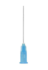 A single sterile Exel Disposable Hypodermic Needle (23G x 1 ½“) by MedPlus, featuring a blue plastic hub and thin metal shaft, is shown upright against a plain white background. This luer lock compatible needle comes individually wrapped to ensure safety and cleanliness. Price increase effective 6/24/25: $6.54 per box.