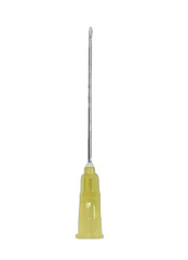 An Exel Disposable Hypodermic Needle 20G x 1 ½“ from MedPlus, featuring a yellow plastic hub and a luer lock connection, is displayed upright against a white background.