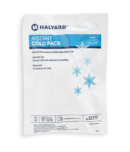 The MedPlus Halyard Instant Cold Pack - Junior (5 in. x 7 in.) features blue snowflake graphics and is labeled for pain relief and swelling reduction. For external use only.