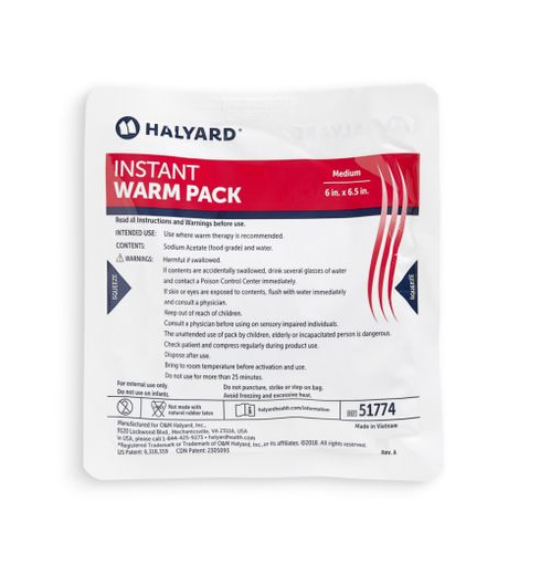 The MedPlus Halyard Instant Warm Pack - Medium (6 in. x 6.5 in.) offers immediate heat therapy for pain relief and comes sealed in white packaging with red accents and usage instructions on the front.