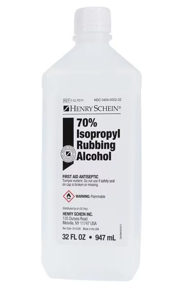 A 16 fl. oz. bottle of Henry Schein Isopropyl Rubbing Alcohol 70%, featuring infection prevention tips and first aid antiseptic warnings visible on the front. Brand: Henry Schein | $19.68 per case.