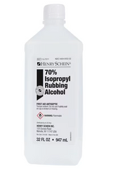 A 16 fl. oz. bottle of Henry Schein Isopropyl Rubbing Alcohol 70%, featuring infection prevention tips and first aid antiseptic warnings visible on the front. Brand: Henry Schein | $19.68 per case.