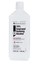 A 16 fl. oz. bottle of Henry Schein Isopropyl Rubbing Alcohol 70%, featuring infection prevention tips and first aid antiseptic warnings visible on the front. Brand: Henry Schein | $19.68 per case.