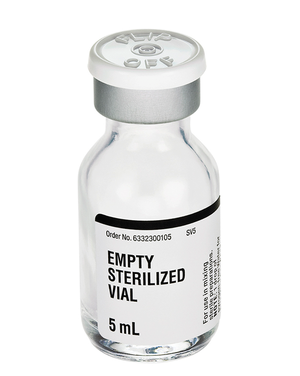 The Henry Schein Empty Sterilized Vial, Glass (Fresenius Kabi) 5mL, is autoclaved and labeled "EMPTY STERILIZED VIAL" with an order number. It has a secure flip-off cap.