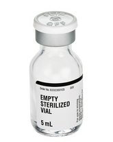 The Henry Schein Empty Sterilized Vial, Glass (Fresenius Kabi) 5mL, is autoclaved and labeled "EMPTY STERILIZED VIAL" with an order number. It has a secure flip-off cap.