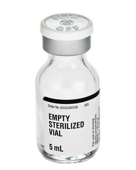 The Henry Schein Empty Sterilized Vial, Glass (Fresenius Kabi) 5mL, is autoclaved and labeled "EMPTY STERILIZED VIAL" with an order number. It has a secure flip-off cap.