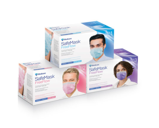 Boxes of MedPlus Medicom® SafeMask FreeFlow® in various sizes and colors, featuring an anti-fog strip.
