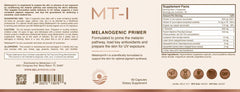 Light brown label for Custom Item's Melatropin®-I Tanning Pills (60 ct); includes supplement facts, usage directions, warnings, company info, and details its role as a melanogenic primer supporting melanin and UV protection.