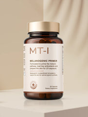 A brown bottle labeled "Melatropin®-I Tanning Pills" by Custom Item contains 60 capsules, marketed as a tanning supplement to support melanin production and healthy skin pigmentation.