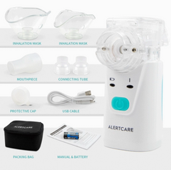 Image of an Alertcare Portable Ultrasonic Nebulizer HL100R by Faire.com, including two inhalation masks, mouthpiece, connecting tube, protective cap, USB cable, packing bag, manual, and battery. Utilizing ultrasonic technology for superior respiratory therapy, the nebulizer is white with blue accents.