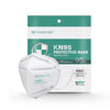 A Farris Labs KN95 mask is shown in front of its green and white packaging, labeled for over 95% filtration efficiency. Each box contains 10 individually wrapped masks for reliable protection.