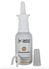 A white nasal spray bottle labeled "Pre Workout Nad+ Nasal Spray: Rockitfuel®" by Faire.com, with a clear cap and plastic clip beside it, is shown against a white background. It’s designed to boost stamina and support workouts.