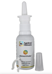 A white nasal spray bottle labeled "Pre Workout Nad+ Nasal Spray: Rockitfuel®" by Faire.com, with a clear cap and plastic clip beside it, is shown against a white background. It’s designed to boost stamina and support workouts.