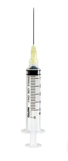 A Nipro Short Sale 5cc (5ml) 20G x 1" Luer-Lock Syringe w/Needle Combo (50 pack), including an expiration date.