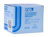 A blue and white box labeled "Exel Disposable Hypodermic Needles 23G x 1" (50 PACK)" by MedPlus, containing 50 sterile single-use needles with plastic hubs and stainless steel, priced at $6.54 per box after 6/24/25.