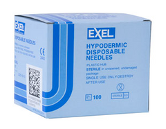 A blue and white box labeled "Exel Disposable Hypodermic Needles 23G x 1" (50 PACK)" by MedPlus, containing 50 sterile single-use needles with plastic hubs and stainless steel, priced at $6.54 per box after 6/24/25.