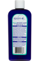 A blue bottle of HealthyKin Epsom-It Muscle Recovery Lotion 8 fl. oz., an Epsom salt lotion for muscle recovery and pain relief, with directions, ingredients, and product info printed on the label.