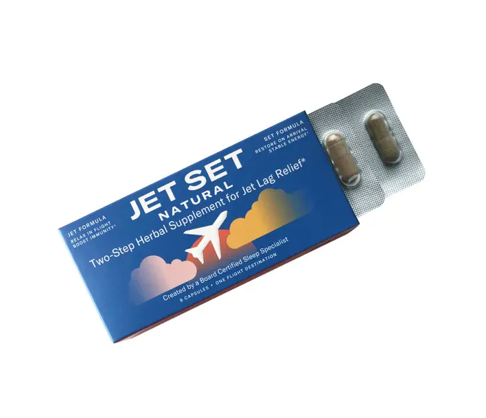 Faire.com's Jet Set Natural - Herbal|Vitamin|Mineral Supplement (8 capsules), a herbal travel remedy supplement, on a white background.