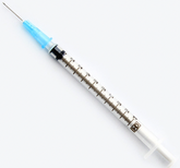 A MedPlus BD 1cc Luer Slip Tip Syringe with PrecisionGlide needle 25G x 5/8", shown with blue cap and filled with liquid, is displayed on a white background. Price as of 6/24/25: $19.36 per box (25 pack).