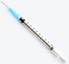 A MedPlus BD 1cc Luer Slip Tip Syringe with PrecisionGlide needle 25G x 5/8", shown with blue cap and filled with liquid, is displayed on a white background. Price as of 6/24/25: $19.36 per box (25 pack).