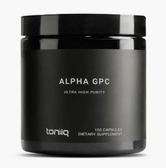 A jar of Alpha GPC 99% (120 capsules) supplement capsules by Faire.com, with a label indicating ultra high purity and support for cognitive function.