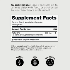 Label of a Faire.com Alpha GPC 99% (120 capsules) supplement detailing usage instructions, supplement facts, serving size, and other ingredients, with icons indicating potency, highly purified purity, and lab testing.