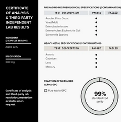 Laboratory certificate of analysis demonstrating test results confirm the highly purified Faire.com Alpha GPC 99% supplement achieved a 99% purity level.