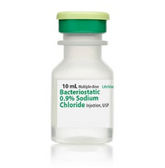 A 10 mL bottle of Bacteriostatic 0.9% Sodium Chloride Injection, USP, by Henry Schein with a green and white cap, suitable for parenteral use, priced at $70.57 for a pack of 25.