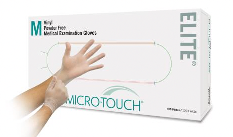 A box of Ansell MICRO-TOUCH® ELITE® Powder-Free Synthetic Medical Exam Gloves (MED), size medium, containing 100 pieces from MedPlus. A person is putting on a glove next to the box, ensuring latex allergy prevention with these high-quality synthetic gloves.