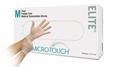 A box of Ansell MICRO-TOUCH® ELITE® Powder-Free Synthetic Medical Exam Gloves (MED), size medium, containing 100 pieces from MedPlus. A person is putting on a glove next to the box, ensuring latex allergy prevention with these high-quality synthetic gloves.