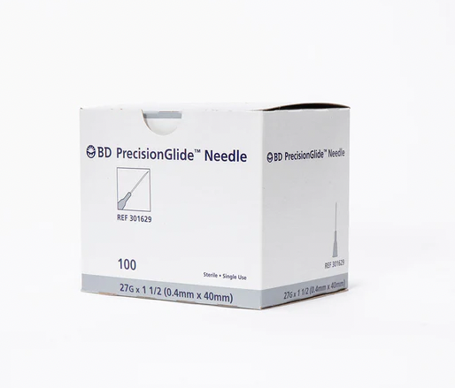 A white MedPlus box labeled "BD PrecisionGlide Hypodermic Needles 27G x 1 1/2"" contains 50 single-use, sterile needles with luer tips, priced at $30.17 per box as of 6/24/25.