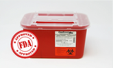 A red MedPlus Sharps Container - 1 Gallon (4 quart) with a closed lid and a biohazard symbol sits next to an "FDA Approved" stamp. The puncture-resistant design ensures safety, and it's fully OSHA-compliant for proper disposal.
